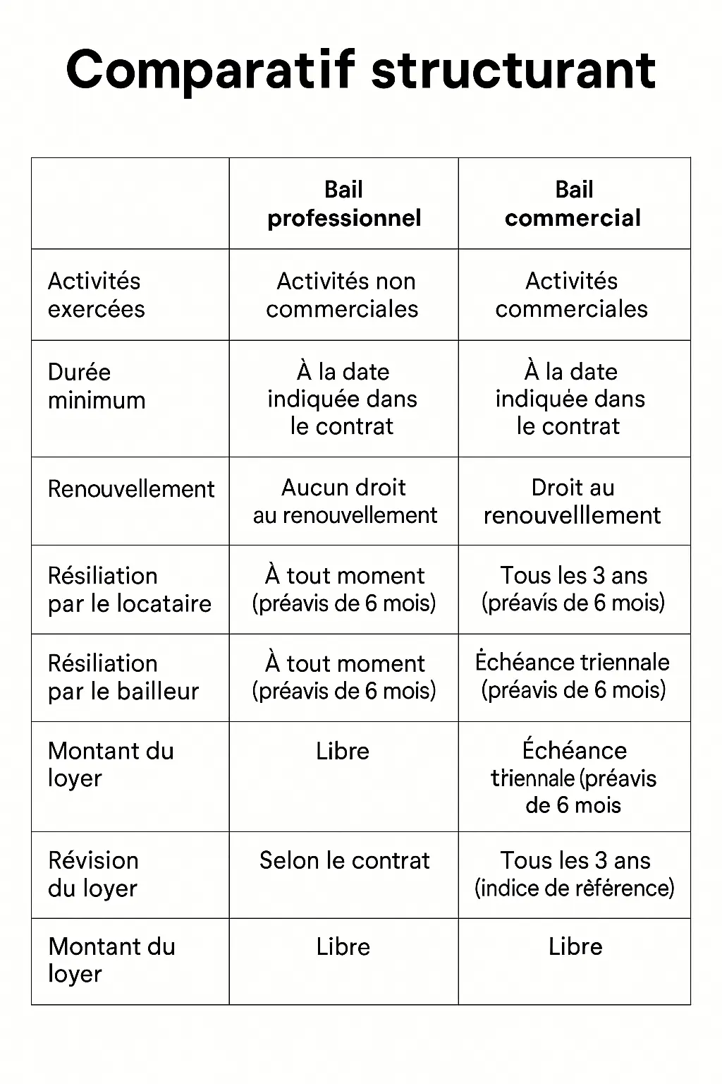 comparatif baux commericaux et professionnels